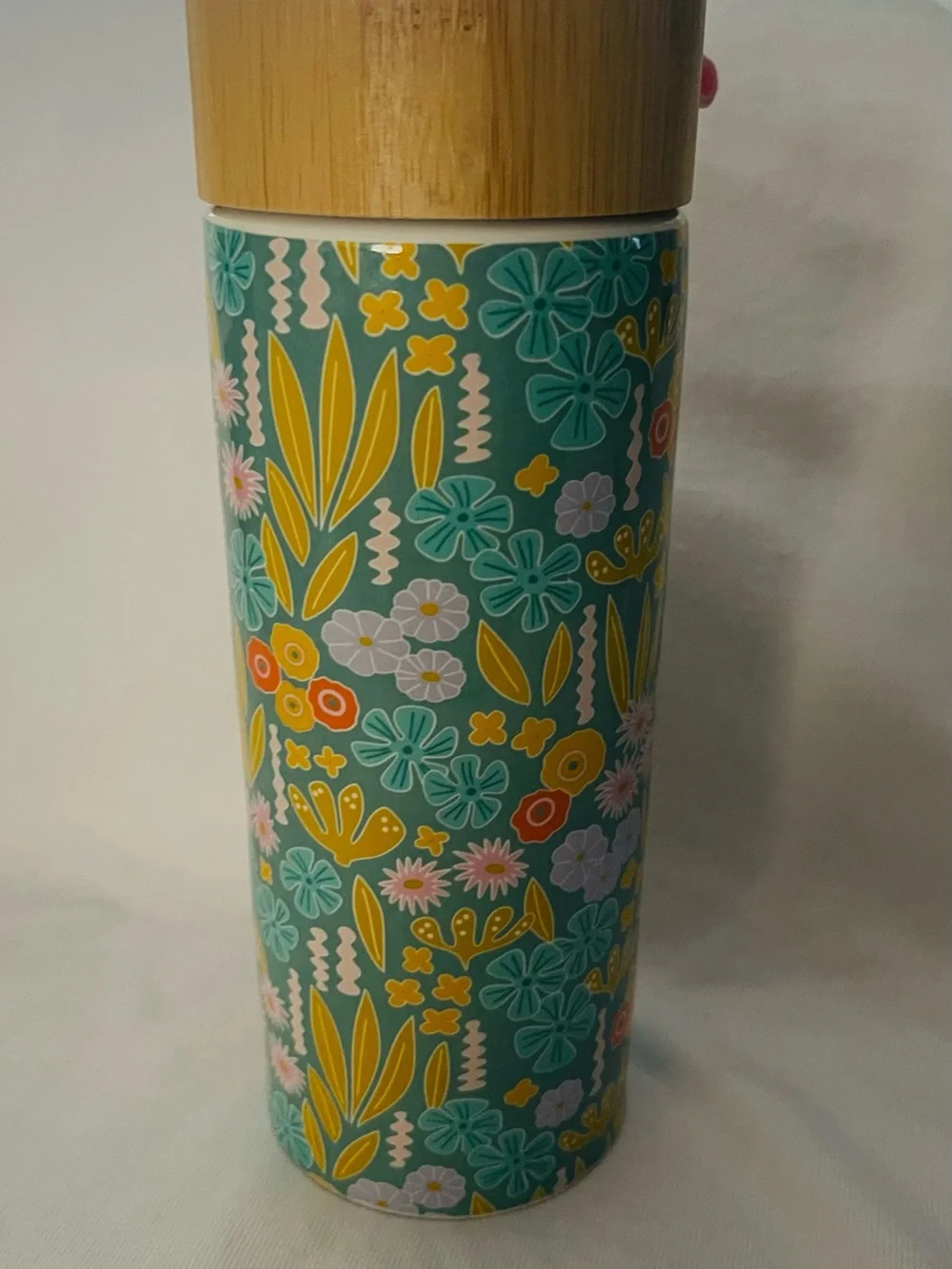 Floral Pattern Stainless Steel Travel Tumbler with Bamboo Lid - Teal